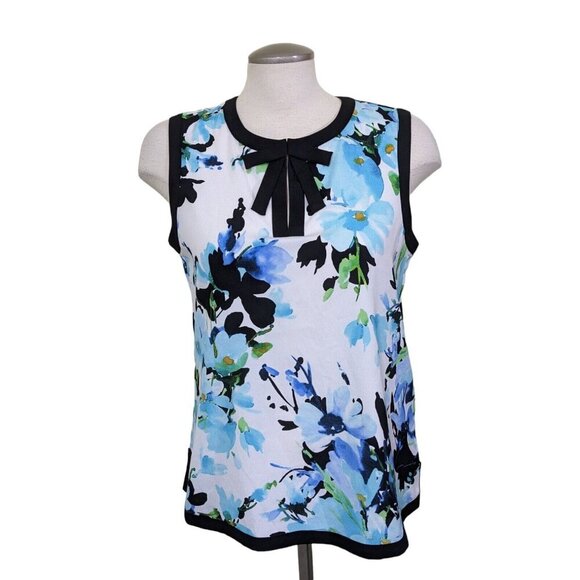 Karl Lagerfeld Paris Sleeveless Top Womens Size M Blue Floral Blouse Neck Bow - Picture 1 of 7